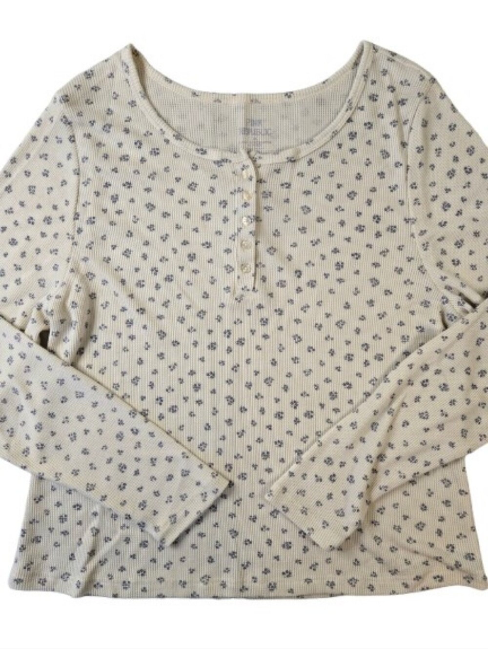 Pink Republic Waffle Henley Top in Cream with Navy Ditsy Print Size 2X